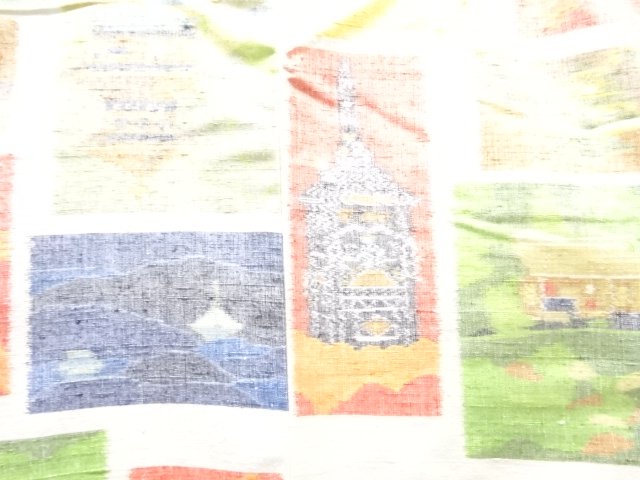  アンティーク　枡に寺院模様織出し手織り紬着物